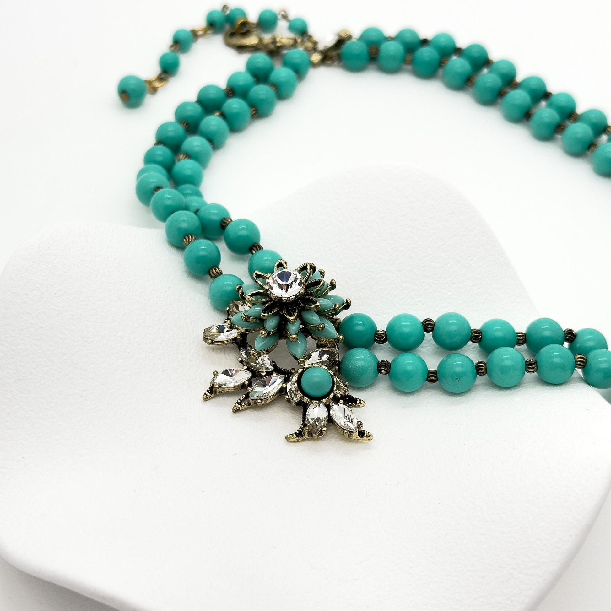 Vintage Art Deco Turquoise Flower Copper Choker Necklace Handmade