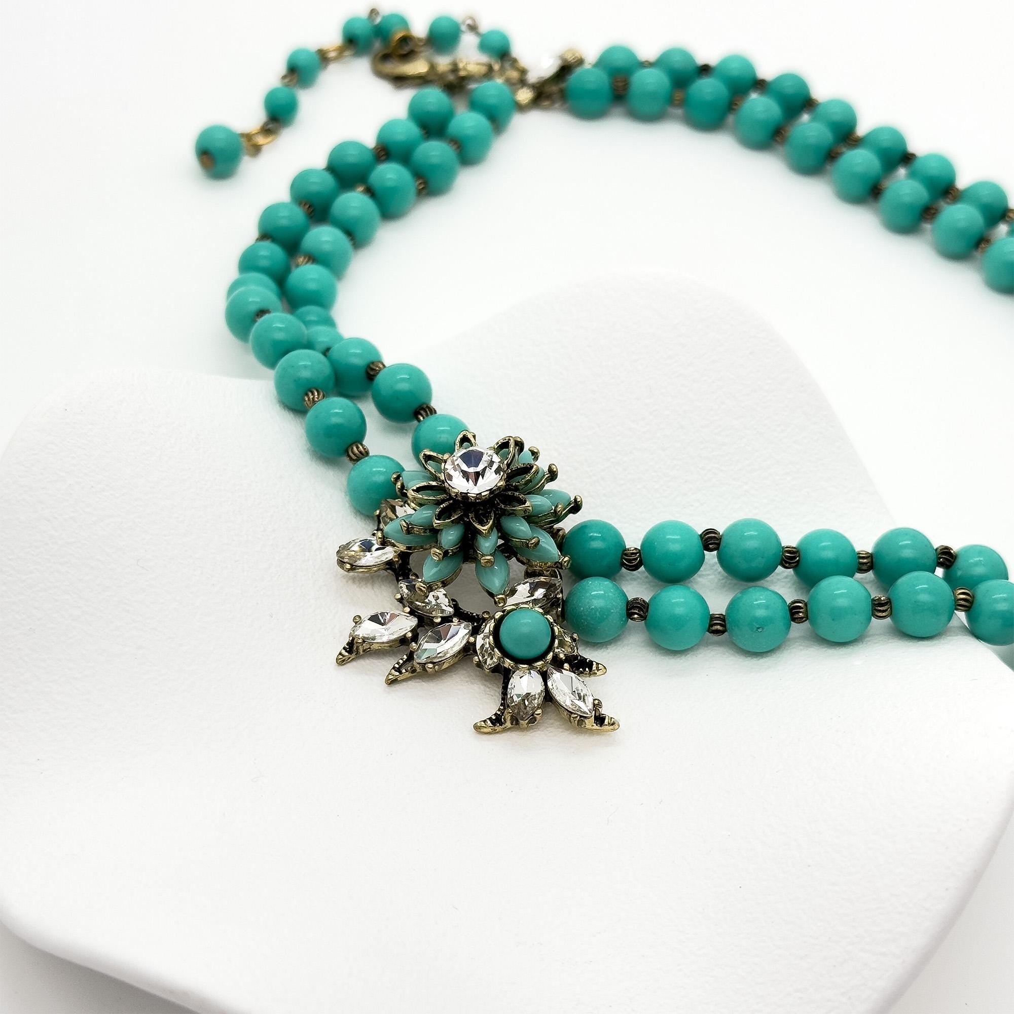 Vintage Art Deco Turquoise Flower Copper Choker Necklace Handmade