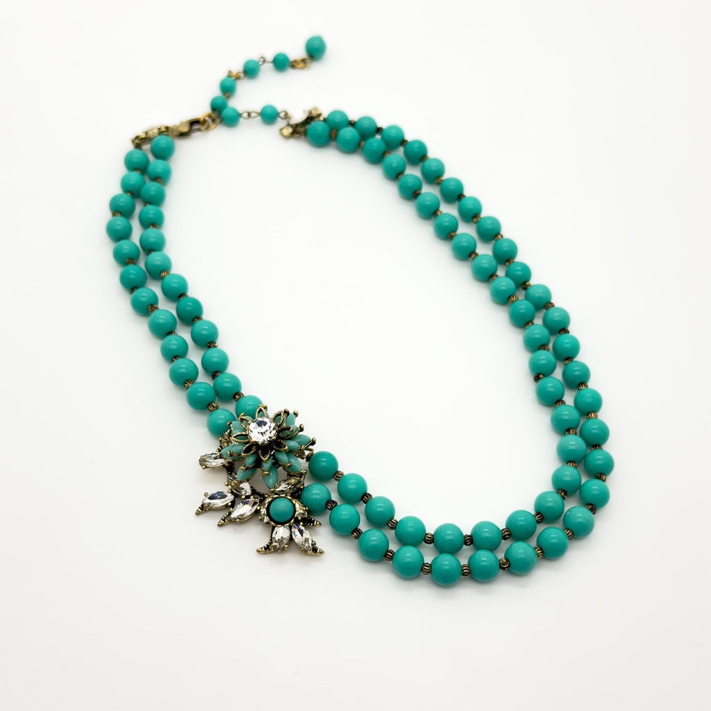 Vintage Art Deco Turquoise Flower Copper Choker Necklace Handmade