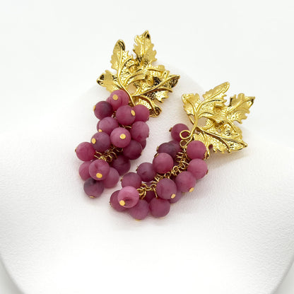 Chic Vintage Art Deco Grape Drop Earrings - Purple Resin & Gold Plated