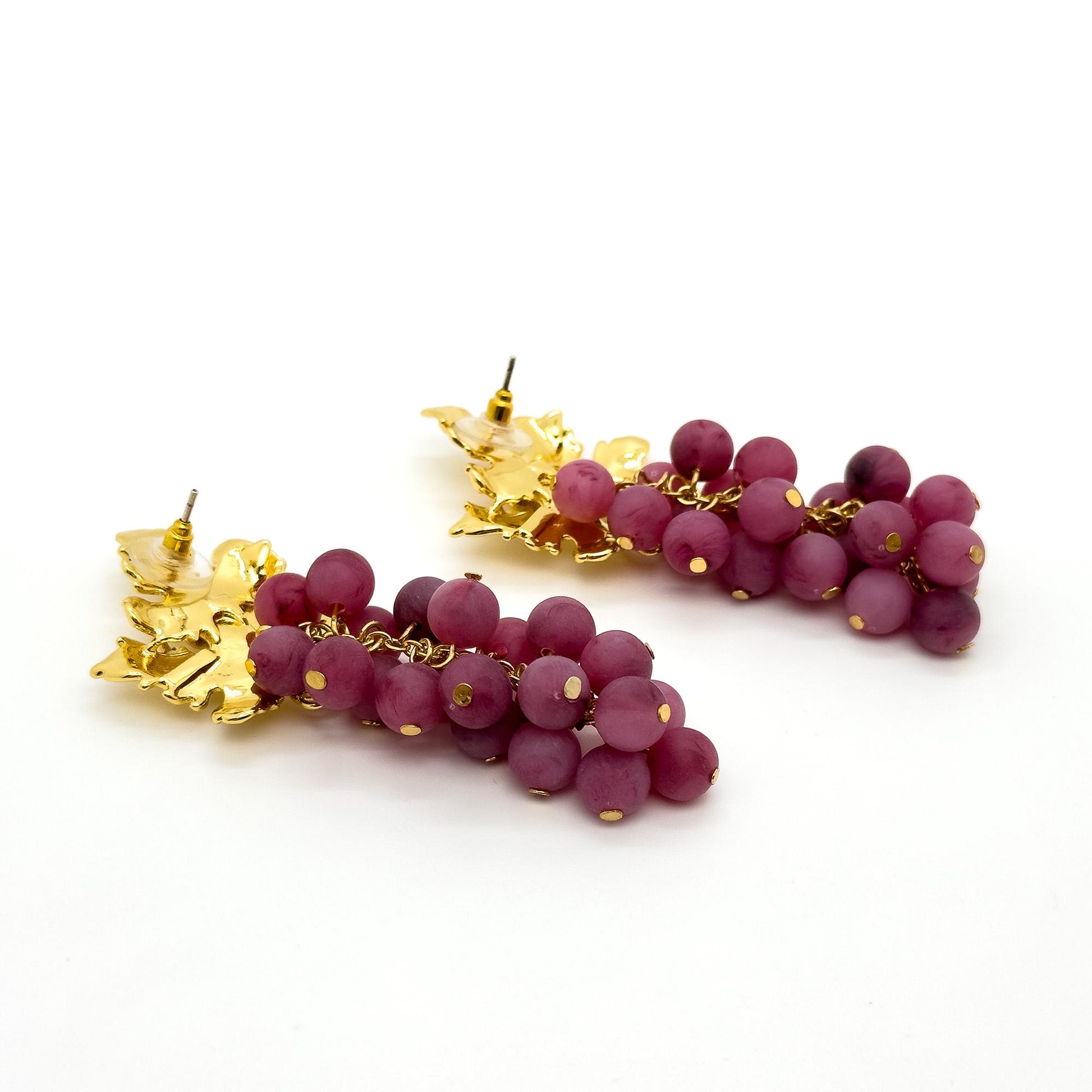 Vintage Art Deco 3D Grape Earrings Purple Beaded Copper Gold-Plated