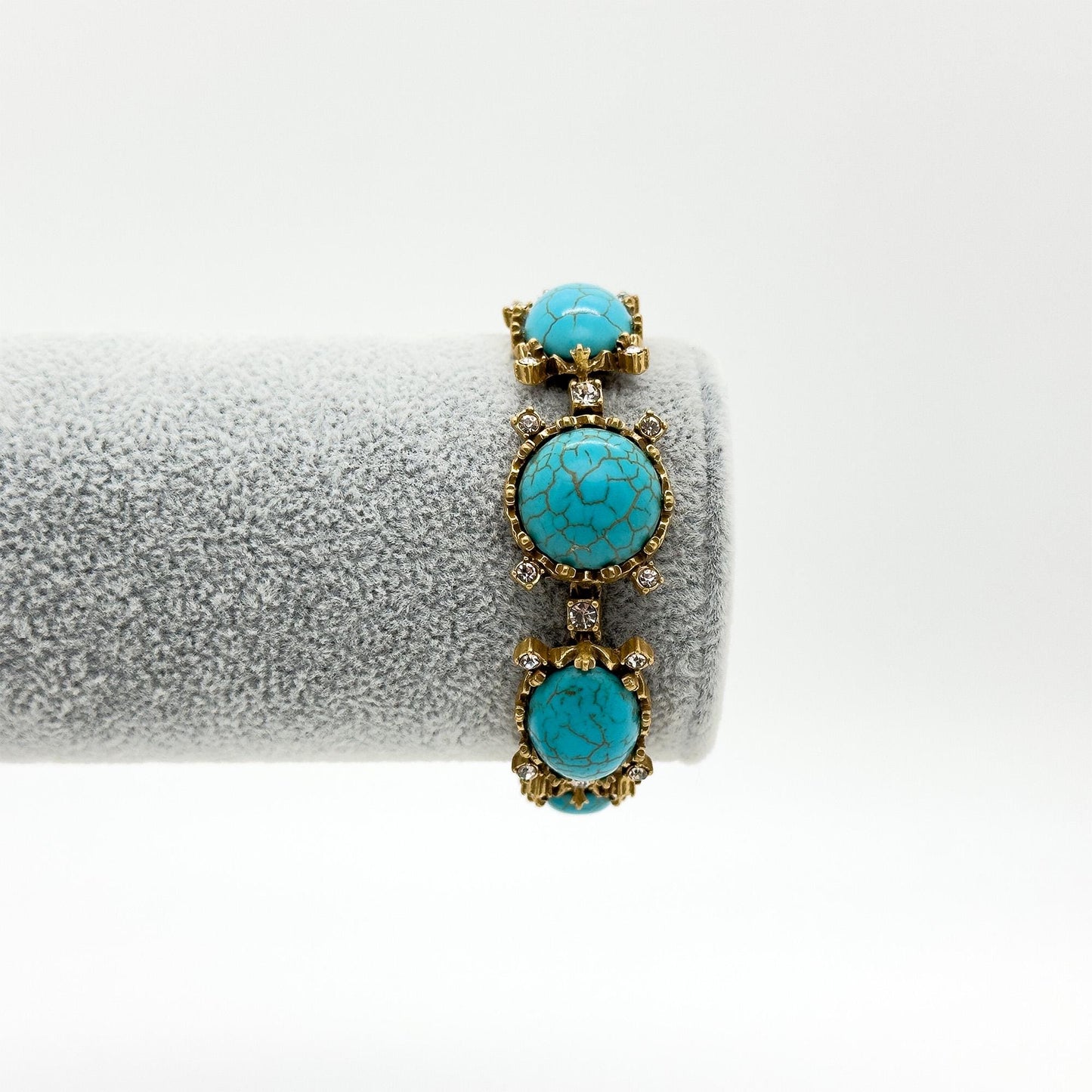 Handcrafted Art Deco Turquoise Rhinestone Bracelet with Copper