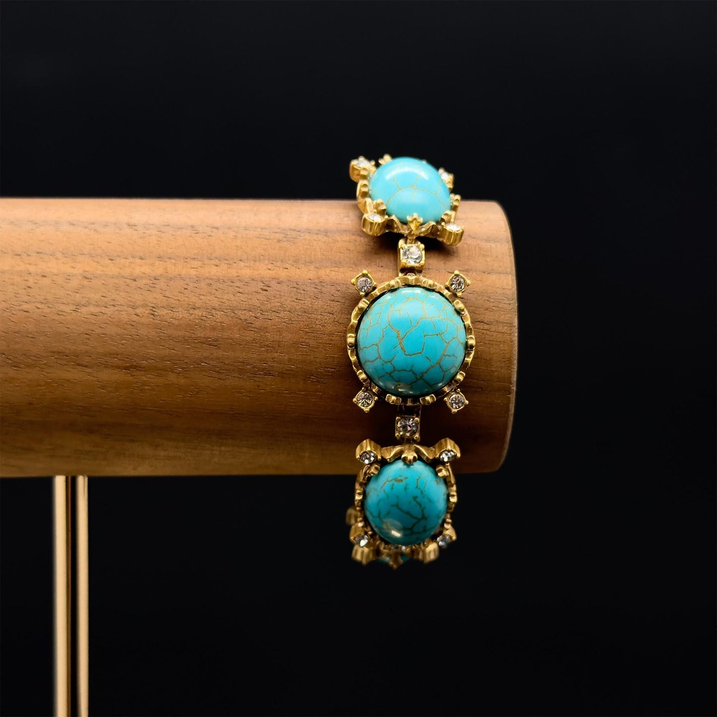 Handcrafted Art Deco Turquoise Rhinestone Bracelet with Copper