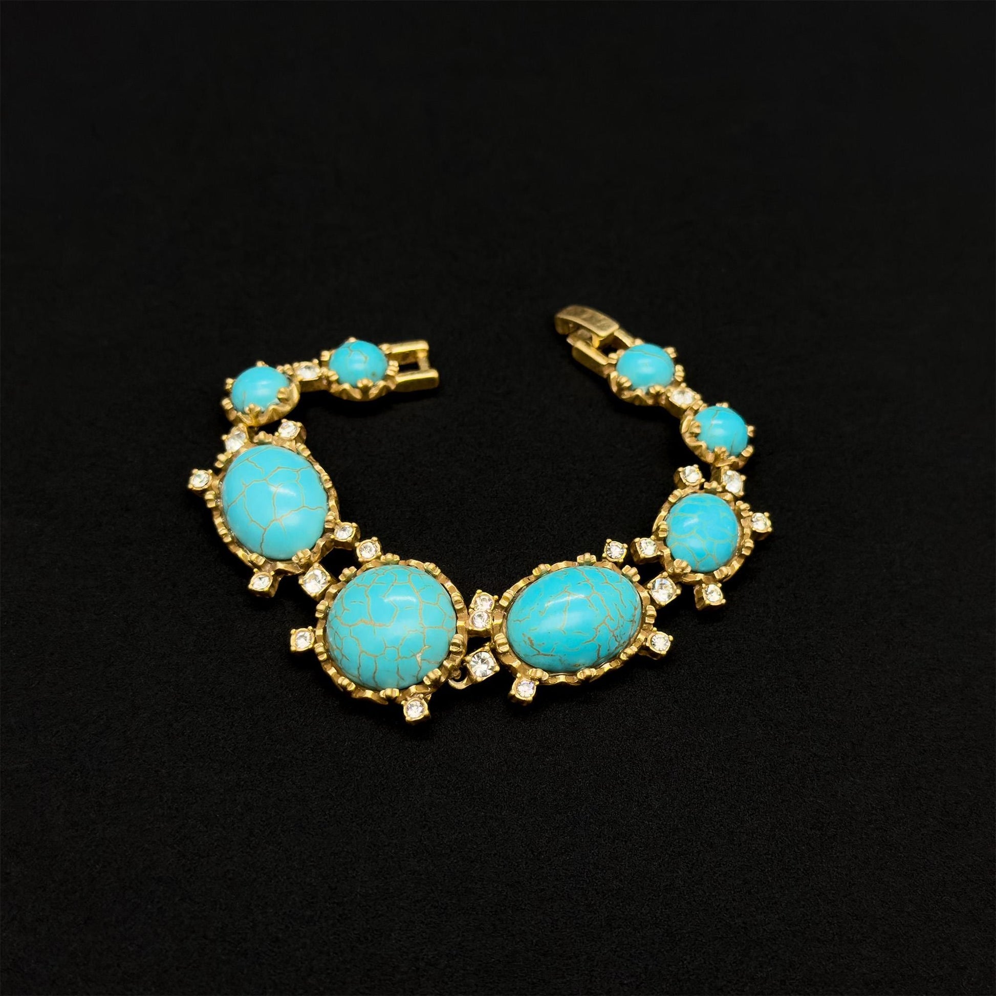 Handcrafted Art Deco Turquoise Rhinestone Bracelet with Copper