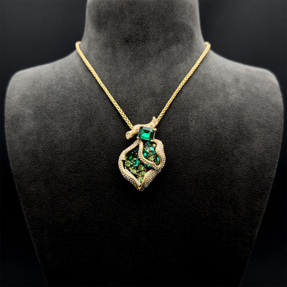 Art Deco Heart Pendant Necklace and Zircon Leaf Earrings Set
