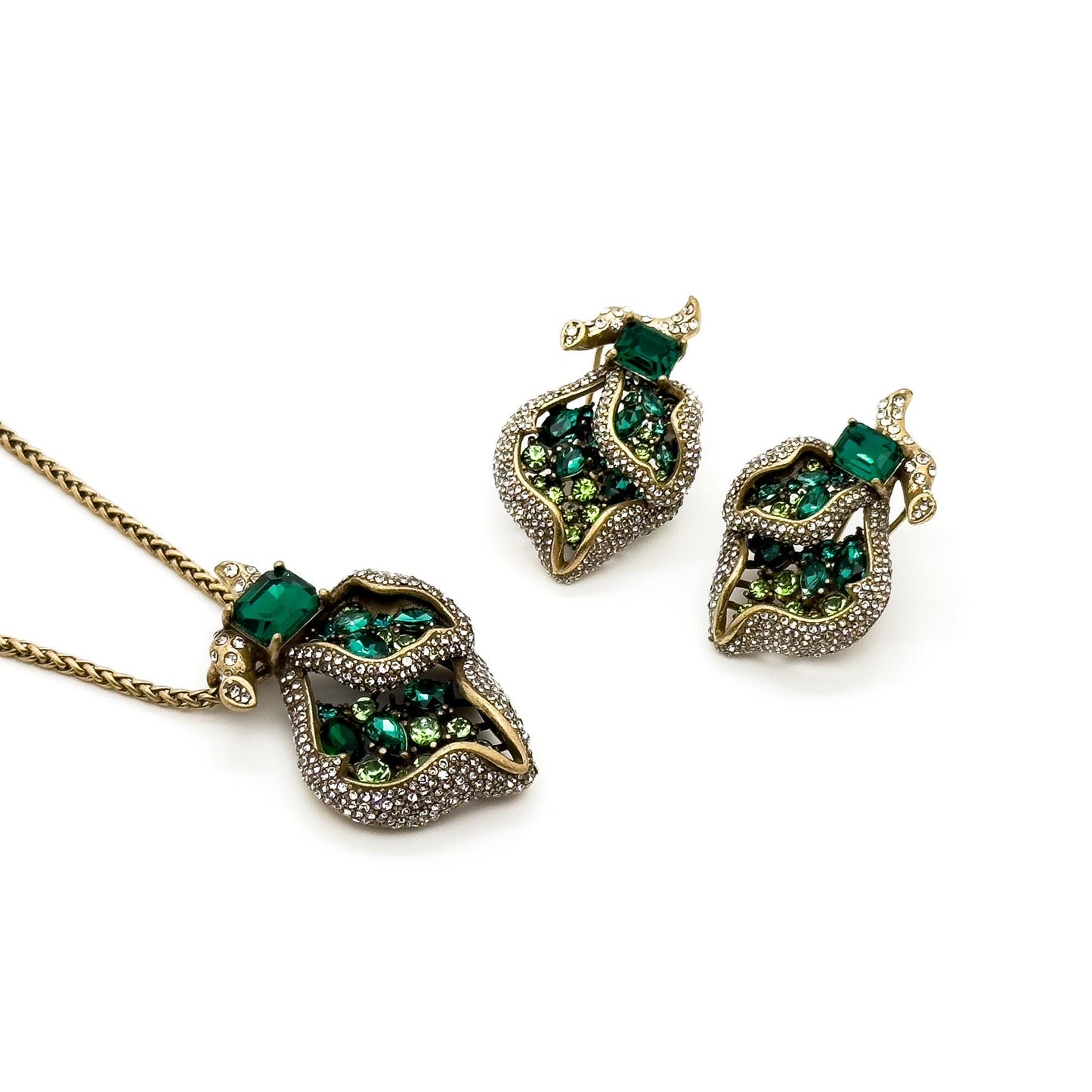 Art Deco Heart Pendant Necklace and Zircon Leaf Earrings Set