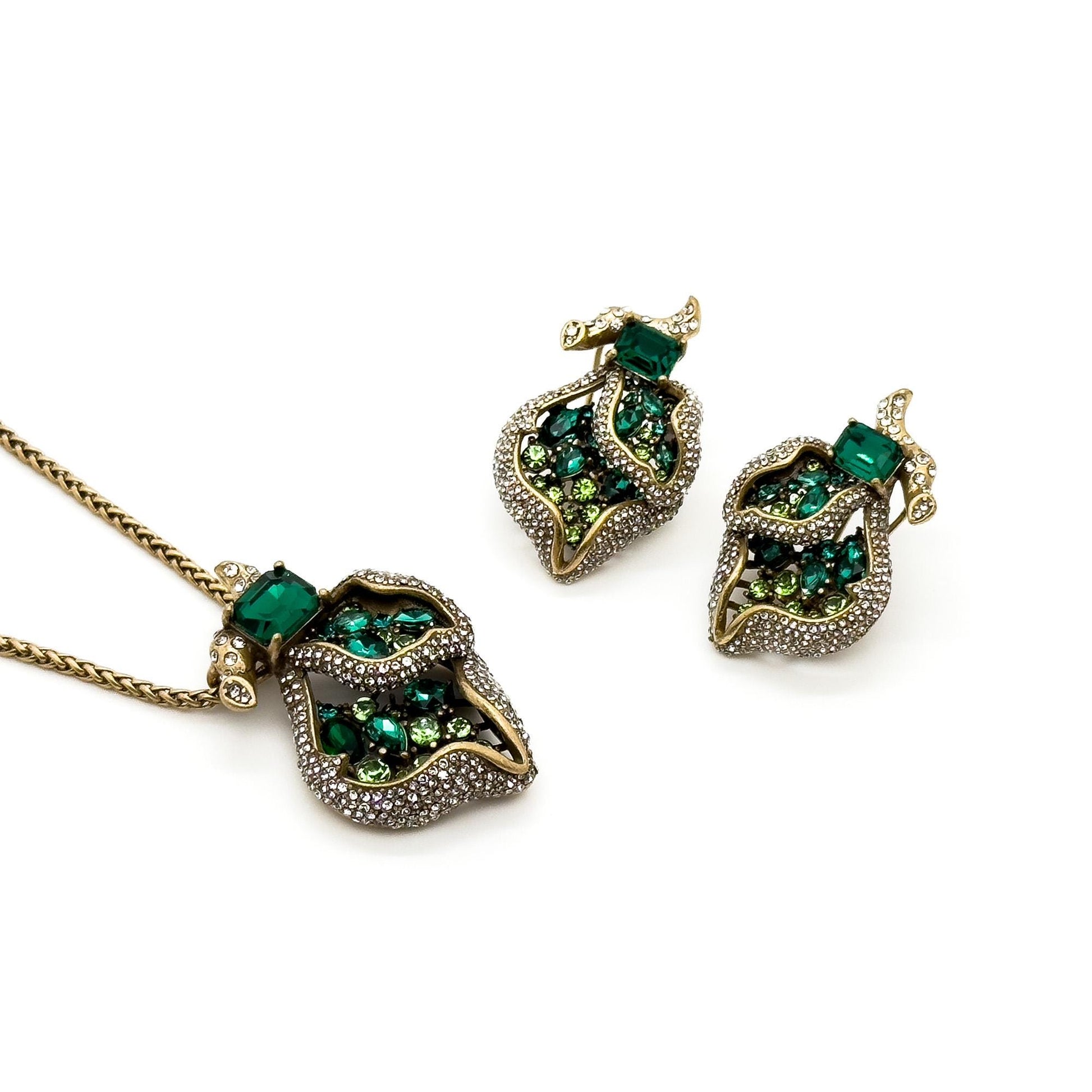 Art Deco Heart Pendant Necklace and Zircon Leaf Earrings Set