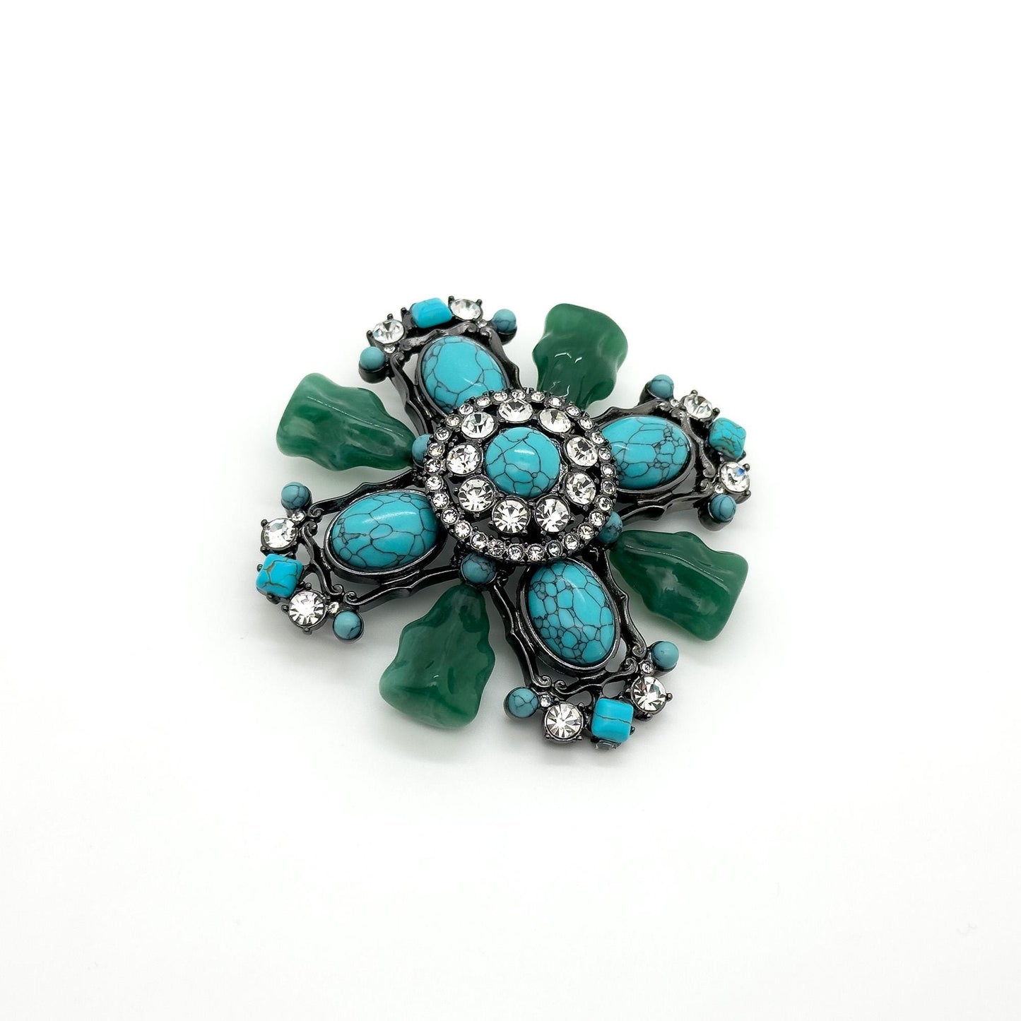 Vintage Art Deco Turquoise Cross Brooch Large Rhinestone Copper Statement