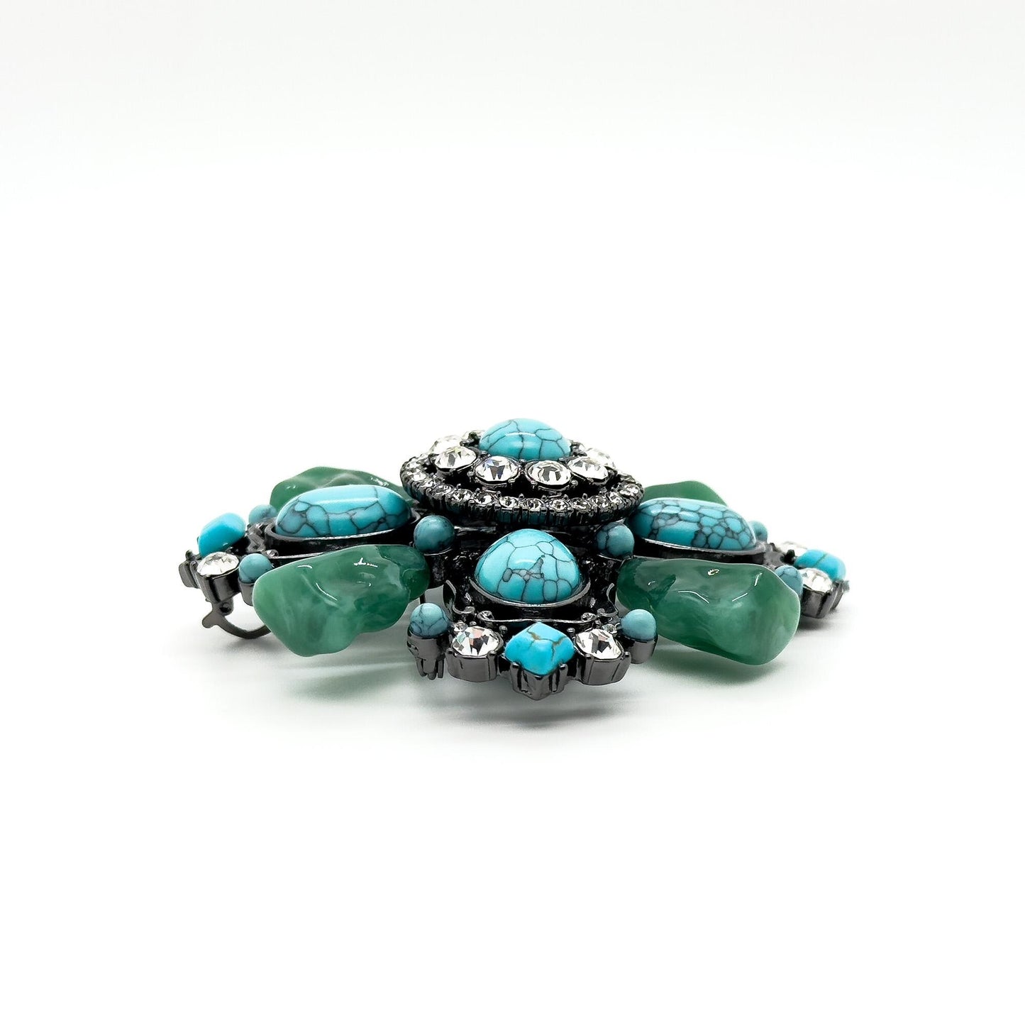 Vintage Art Deco Turquoise Cross Brooch Large Rhinestone Copper Statement