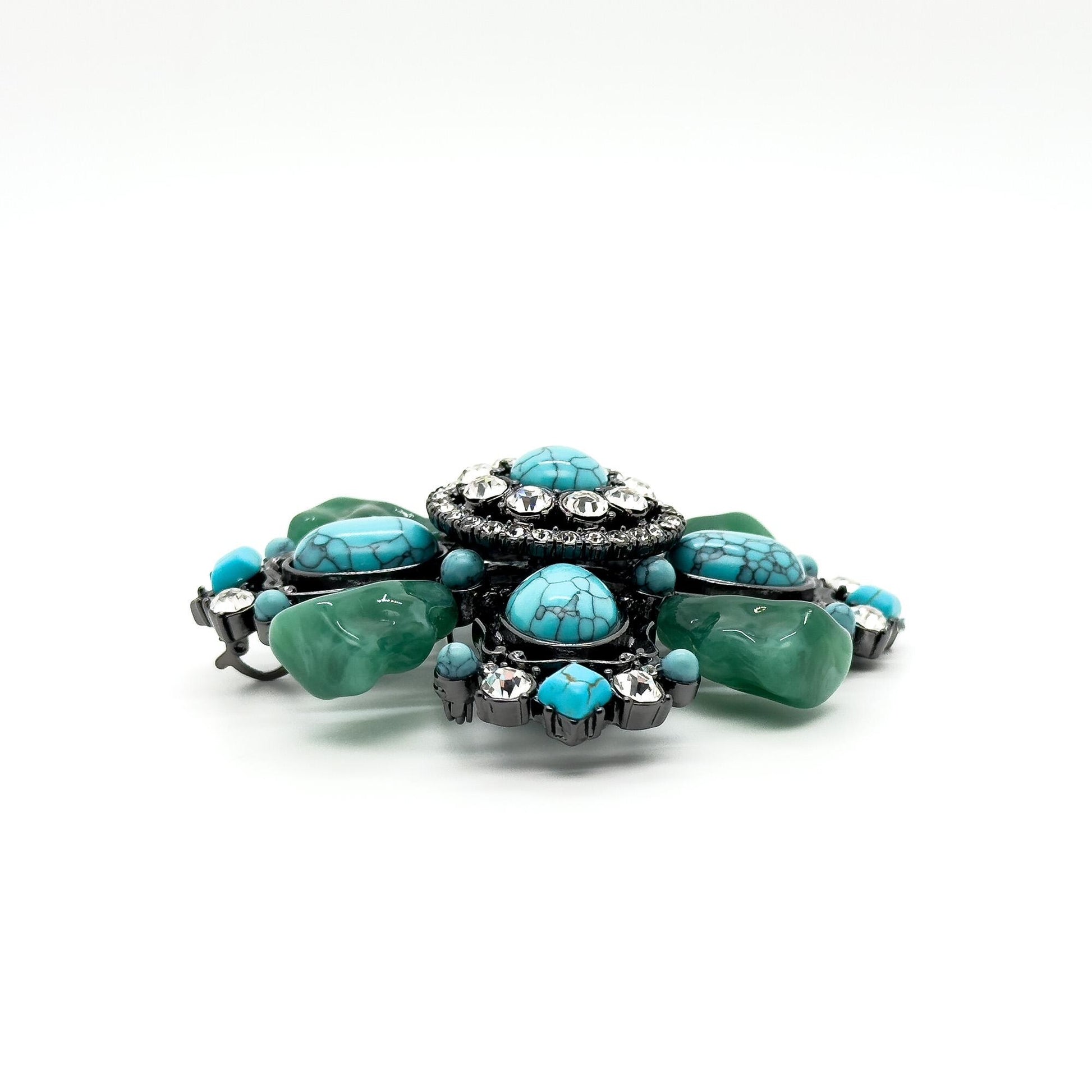 Vintage Art Deco Turquoise Cross Brooch Large Rhinestone Copper Statement