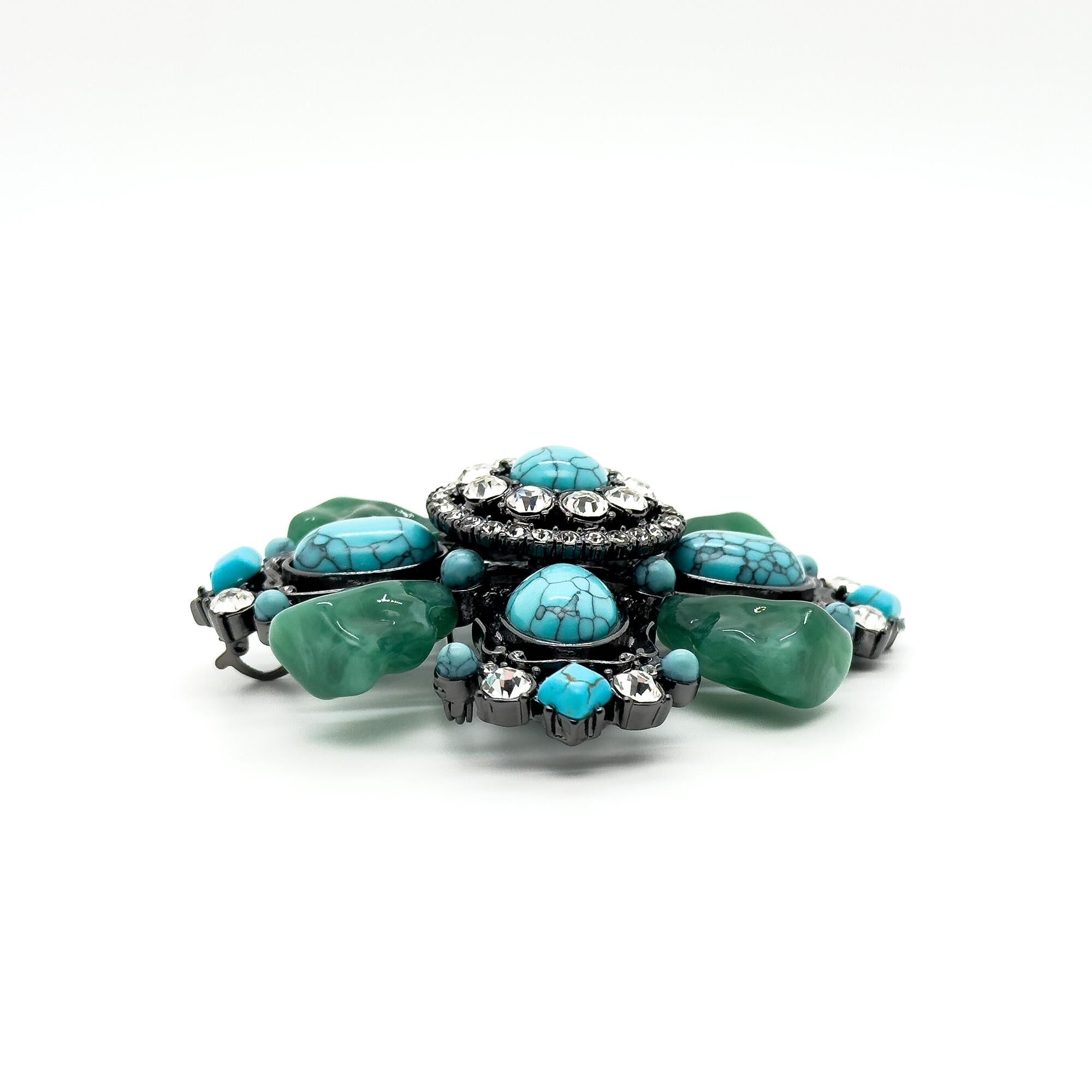 Vintage Art Deco Turquoise Cross Brooch Large Rhinestone Copper Statement