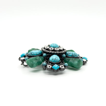 Vintage Art Deco Turquoise Cross Brooch Large Rhinestone Copper Statement