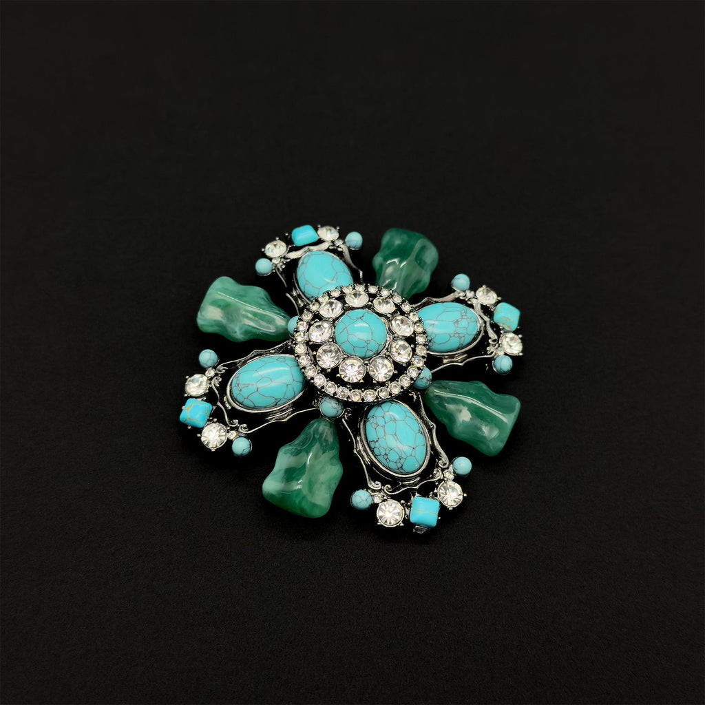 Vintage Art Deco Turquoise Cross Brooch Large Rhinestone Copper Statement