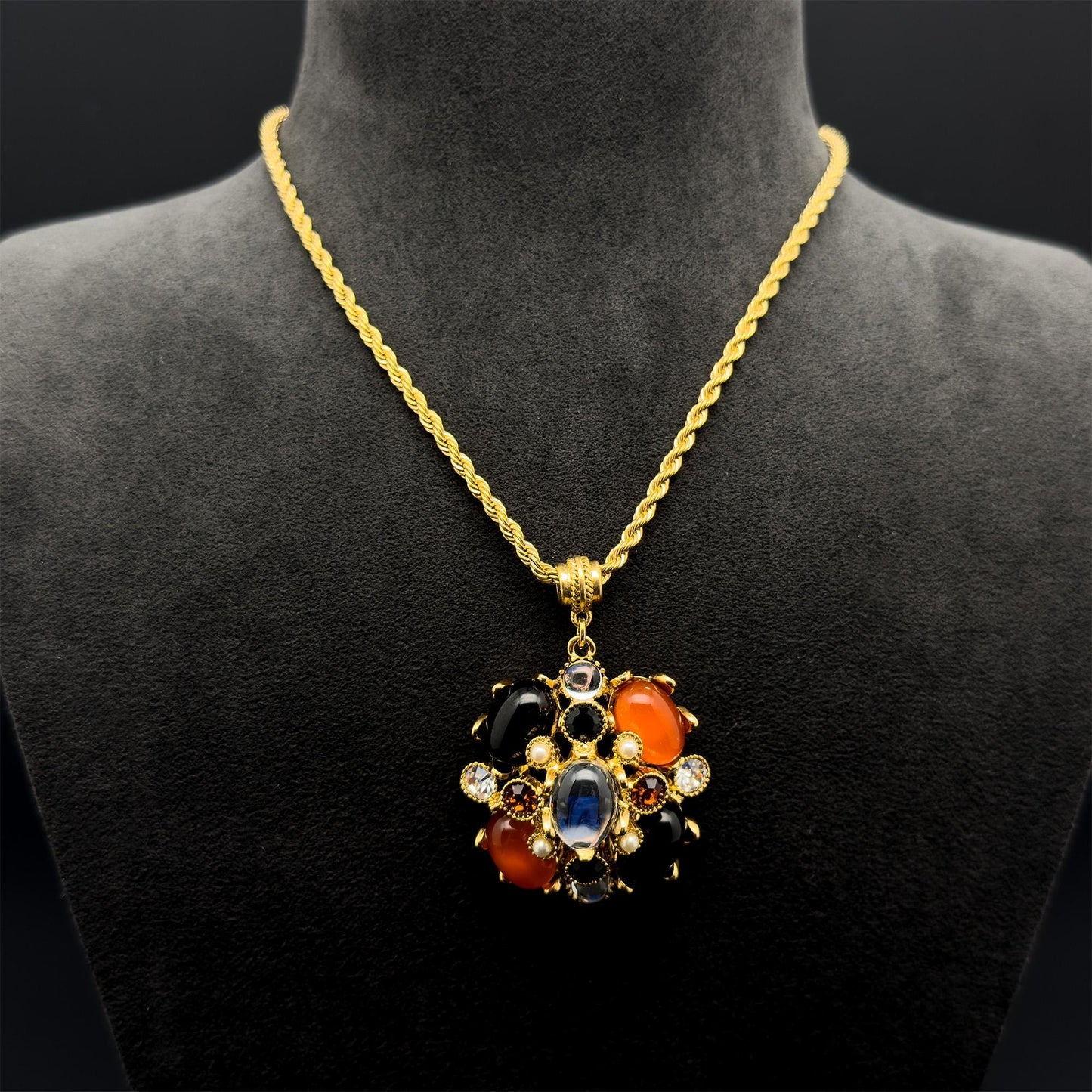 Art Deco Vintage Pendant Necklace Boho Ethnic Zircon Glass Copper