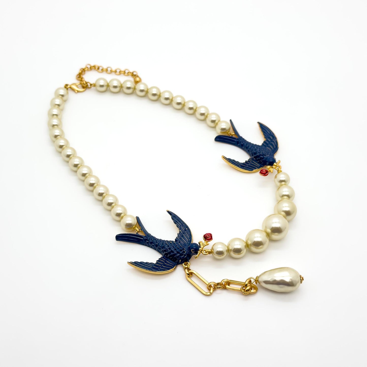 French Vintage Petrel Pearl Enamel Necklace and Earrings Set