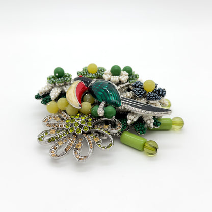 Vintage Woven Bird Brooch Boho Large Beaded Copper Statement Pin