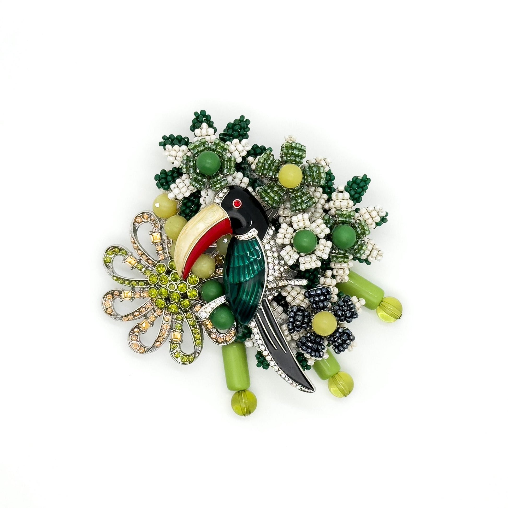 Vintage Woven Bird Brooch Boho Large Beaded Copper Statement Pin