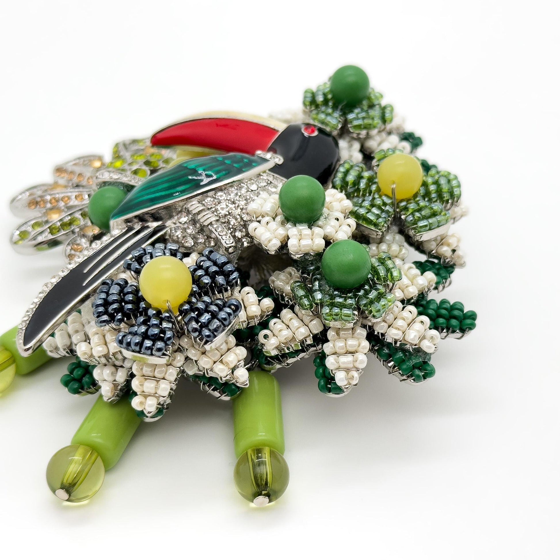 Vintage Woven Bird Brooch Boho Large Beaded Copper Statement Pin