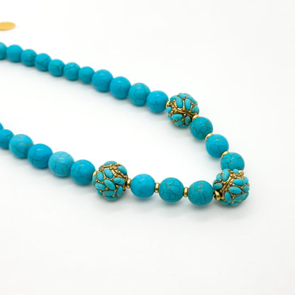 Vintage Art Deco Turquoise Bead Necklace Copper Gemstone Boho