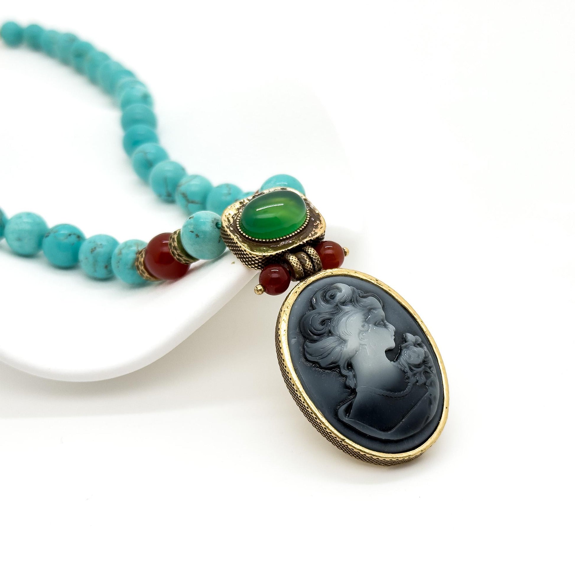 Vintage Art Deco Turquoise Portrait Pendant Necklace Handmade Copper