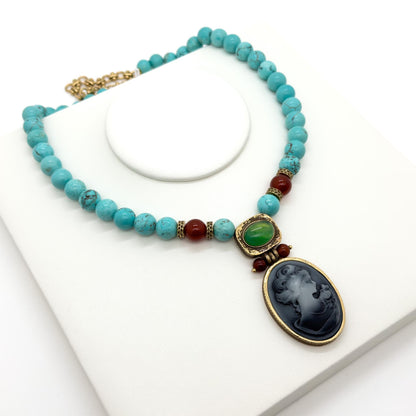 Vintage Art Deco Turquoise Portrait Pendant Necklace Handmade Copper