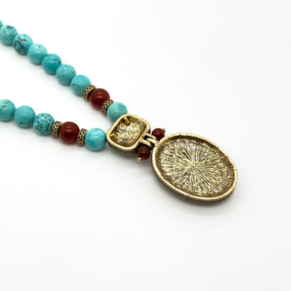 Vintage Art Deco Turquoise Portrait Pendant Necklace Handmade Copper