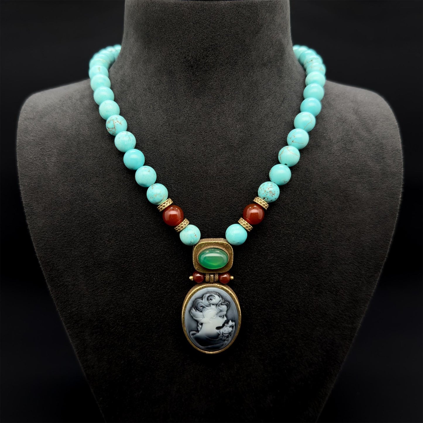 Vintage Art Deco Turquoise Portrait Pendant Necklace Handmade Copper