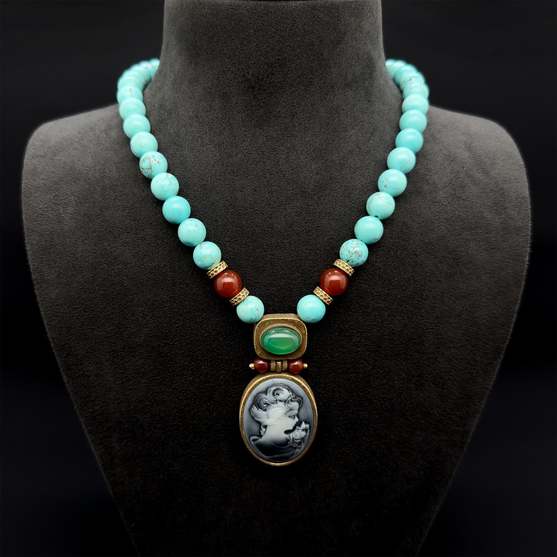 Vintage Art Deco Turquoise Portrait Pendant Necklace Handmade Copper