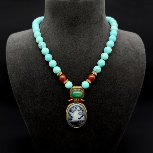 Vintage Art Deco Turquoise Portrait Pendant Necklace Handmade Copper
