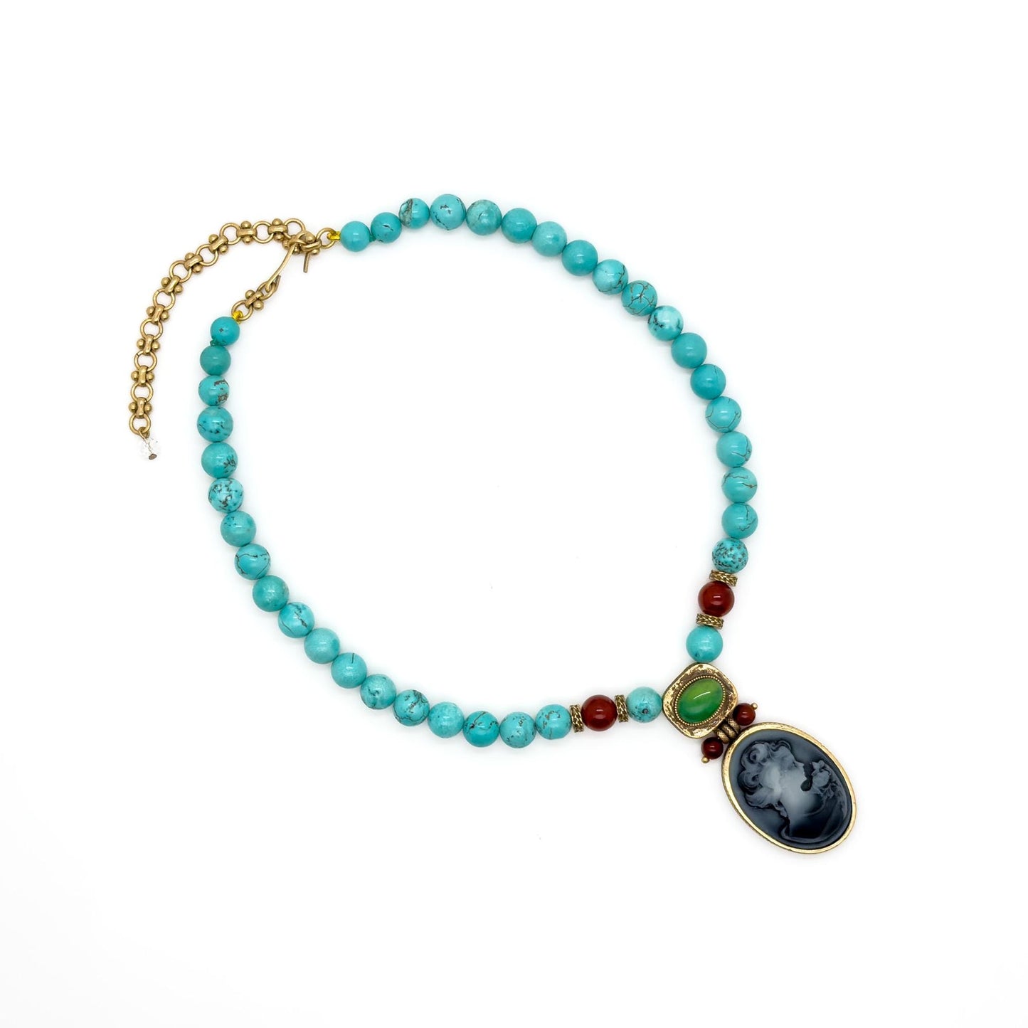 Vintage Art Deco Turquoise Portrait Pendant Necklace Handmade Copper