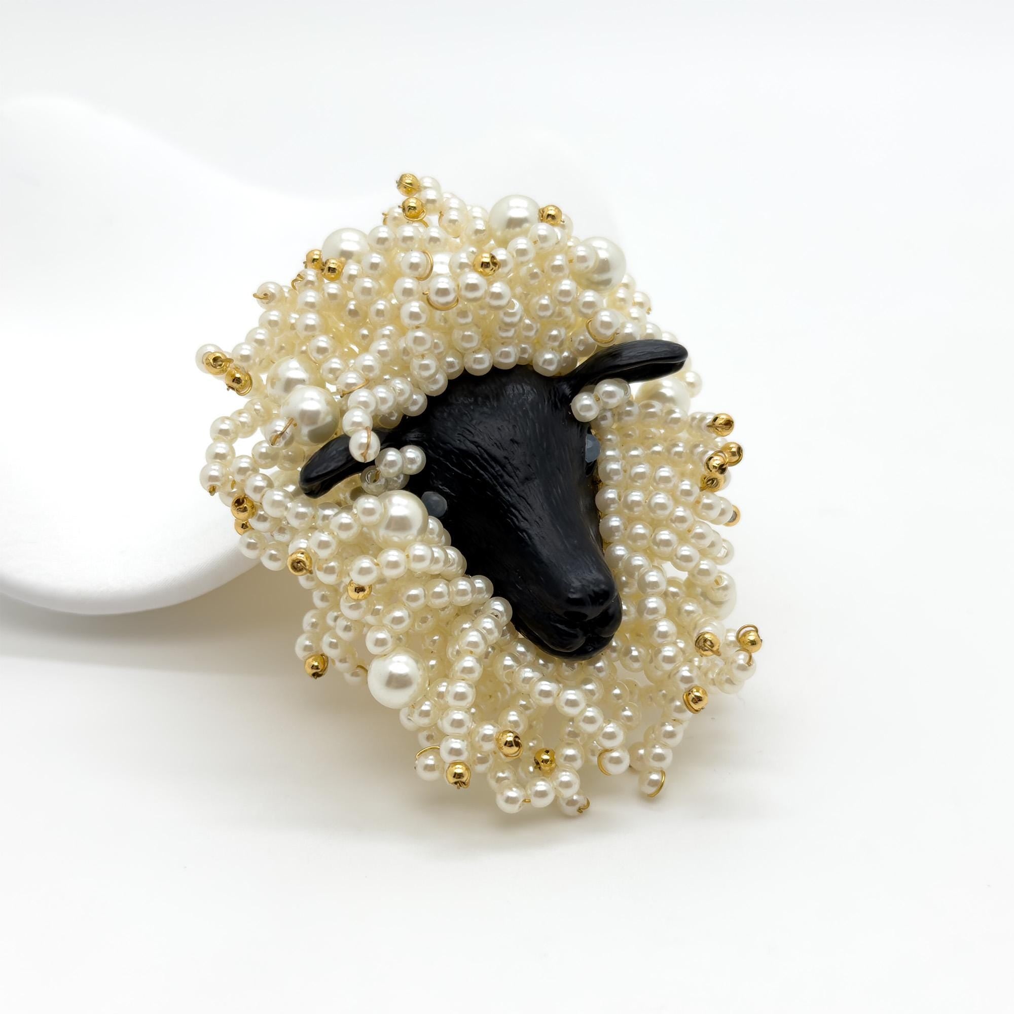 Vintage Art Deco Sheep Beaded Brooch with Gold-Plated Detail