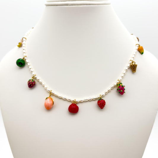 Summer Fruit Enamel Necklace Beach Party Pearl Copper Pendant