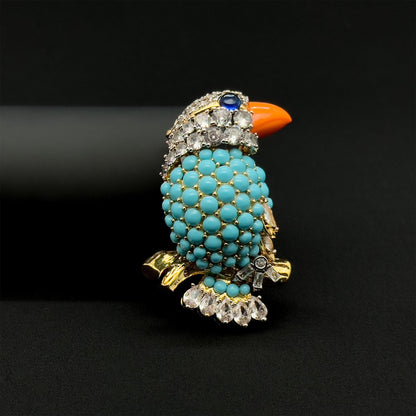 Vintage Turquoise Bird Brooch Copper Stone Zircon Handmade Gift Pin