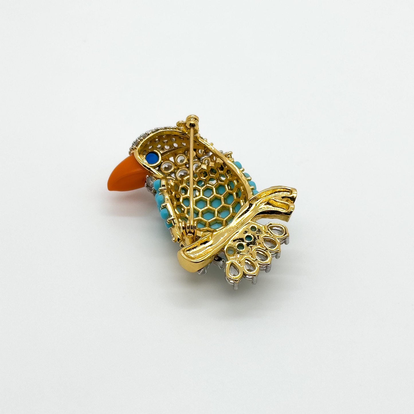 Vintage Turquoise Bird Brooch Copper Stone Zircon Handmade Gift Pin