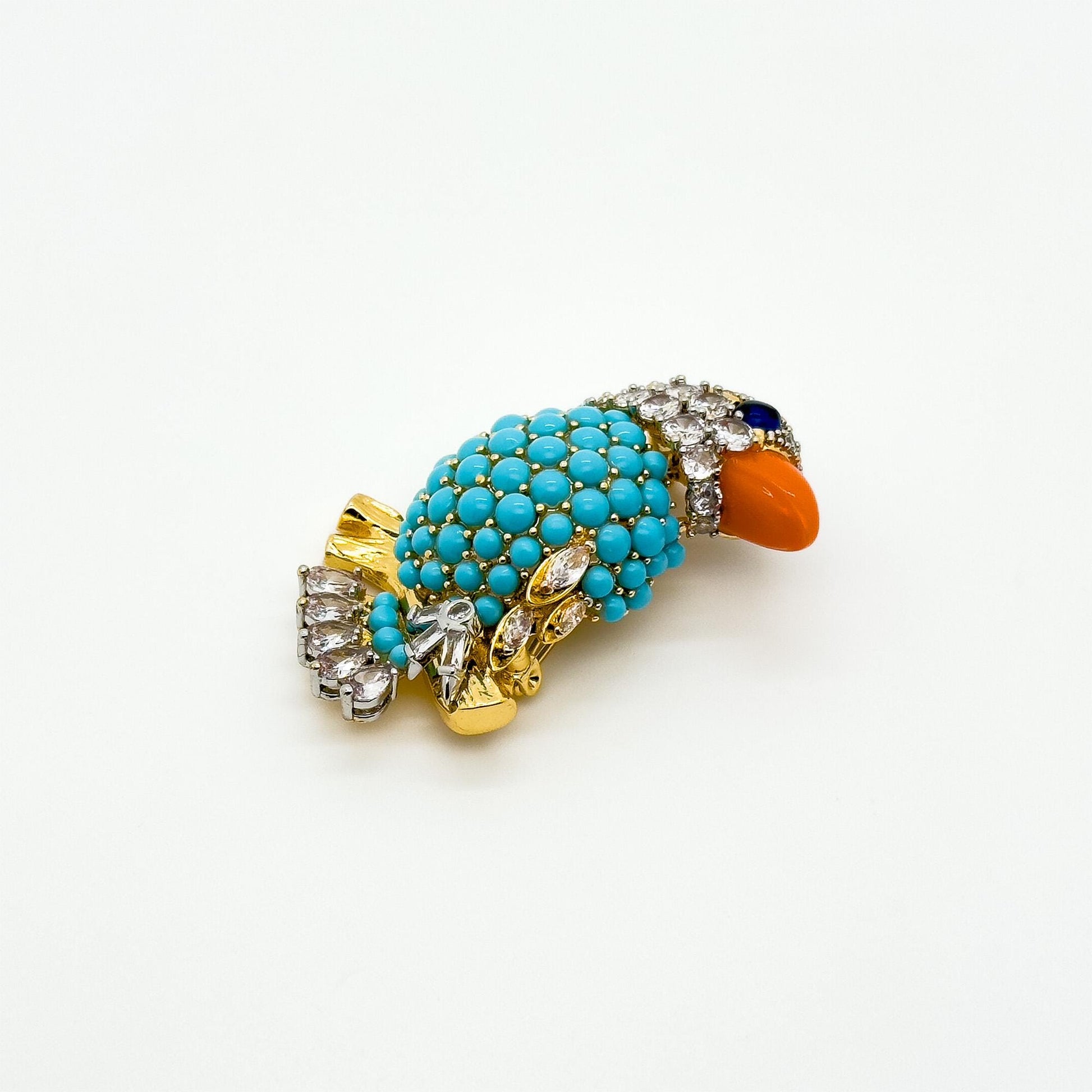 Vintage Turquoise Bird Brooch Copper Stone Zircon Handmade Gift Pin