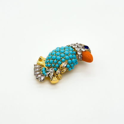 Vintage Turquoise Bird Brooch Copper Stone Zircon Handmade Gift Pin