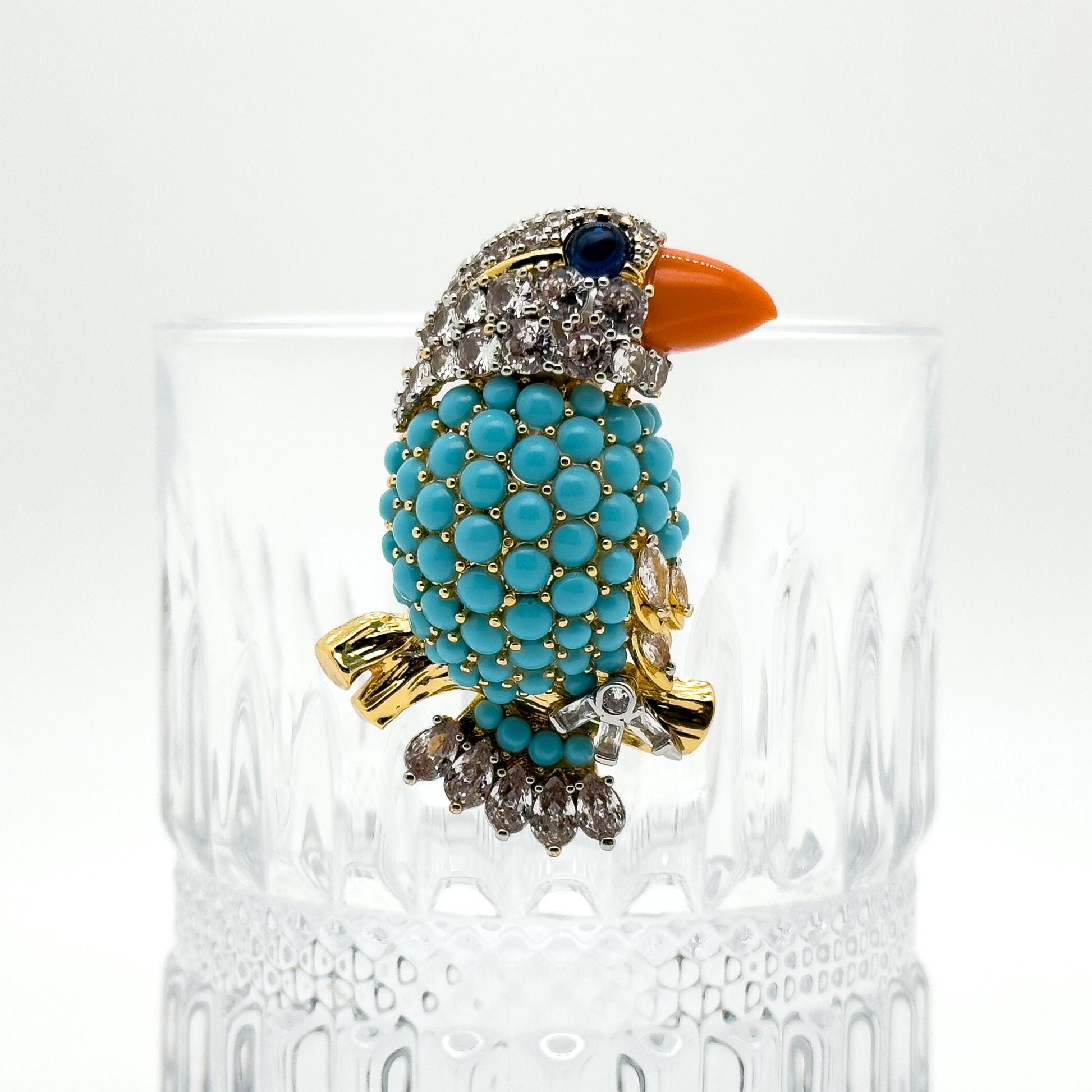 Vintage Turquoise Bird Brooch Copper Stone Zircon Handmade Gift Pin