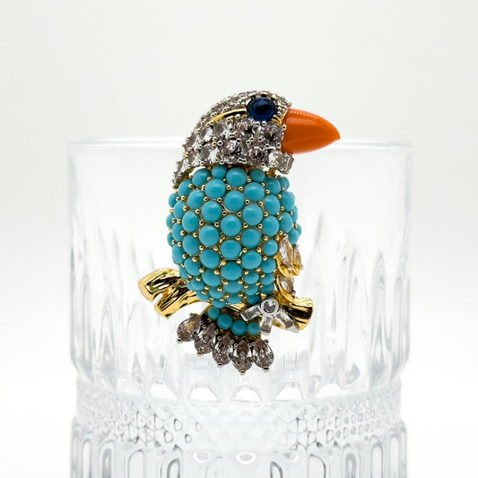 Vintage Turquoise Bird Brooch Copper Stone Zircon Handmade Gift Pin