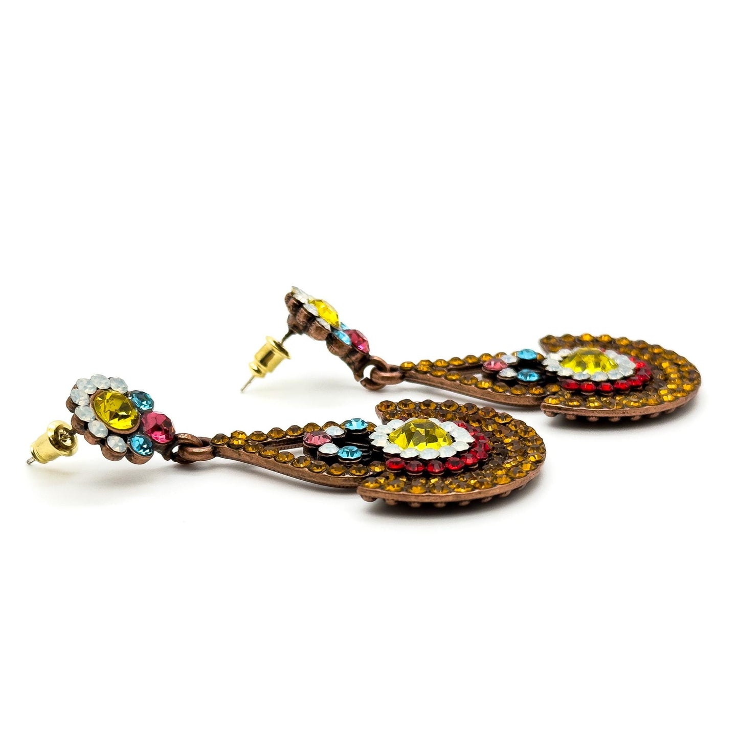 Vintage Sunflower Copper Zircon Stud Earrings Art Deco Large