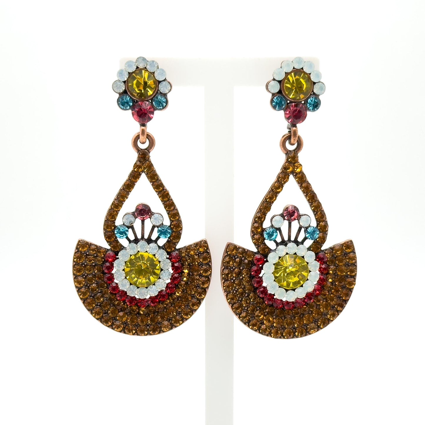 Vintage Sunflower Copper Zircon Stud Earrings Art Deco Large