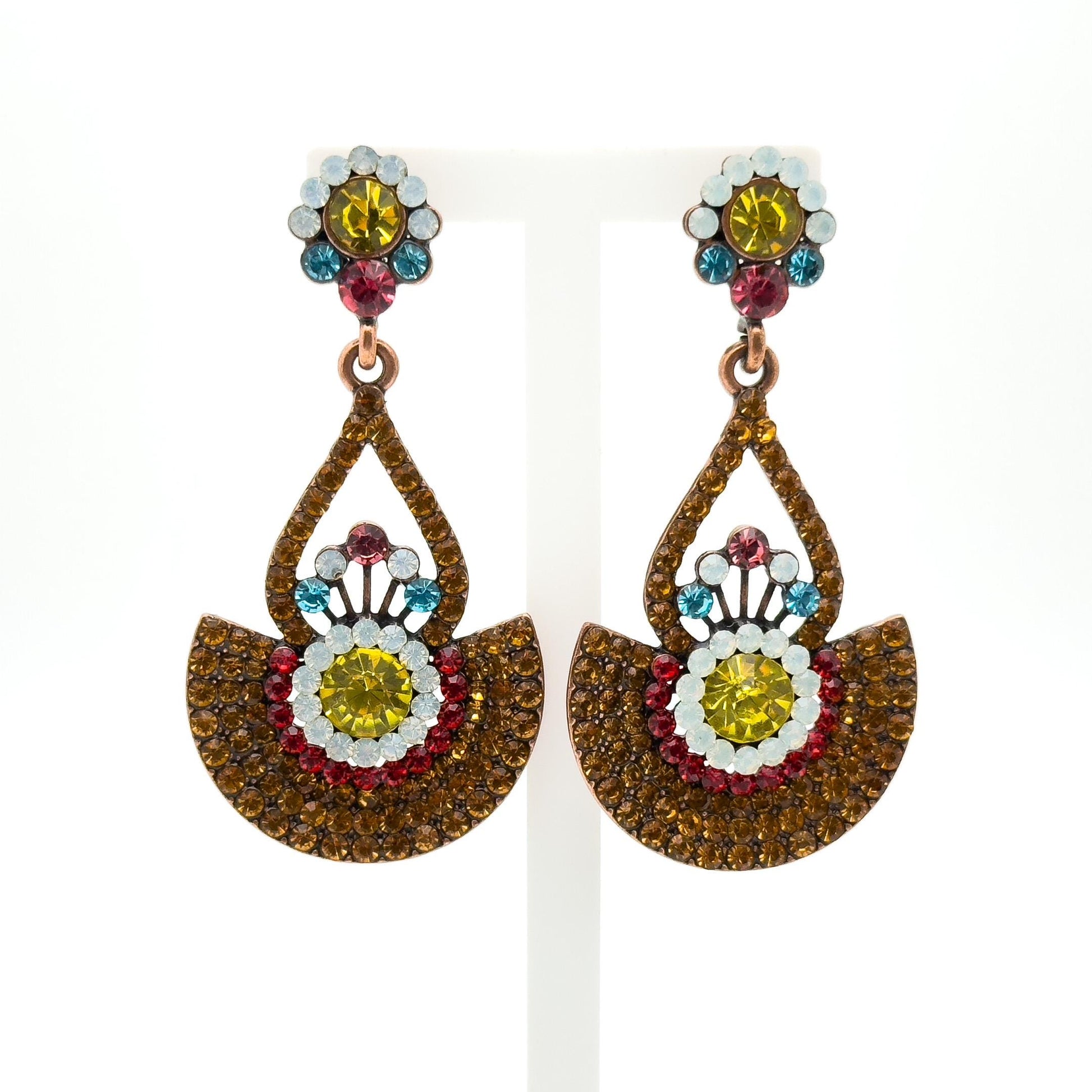 Vintage Sunflower Copper Zircon Stud Earrings Art Deco Large