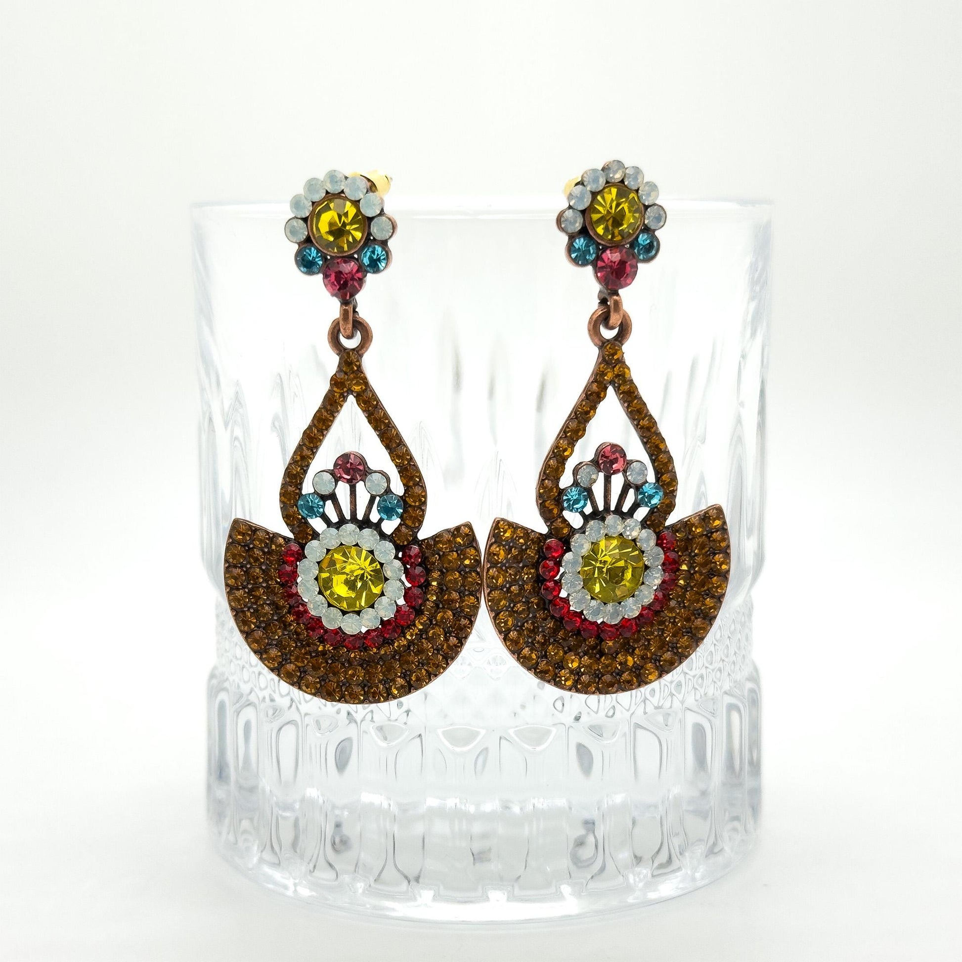 Vintage Sunflower Copper Zircon Stud Earrings Art Deco Large