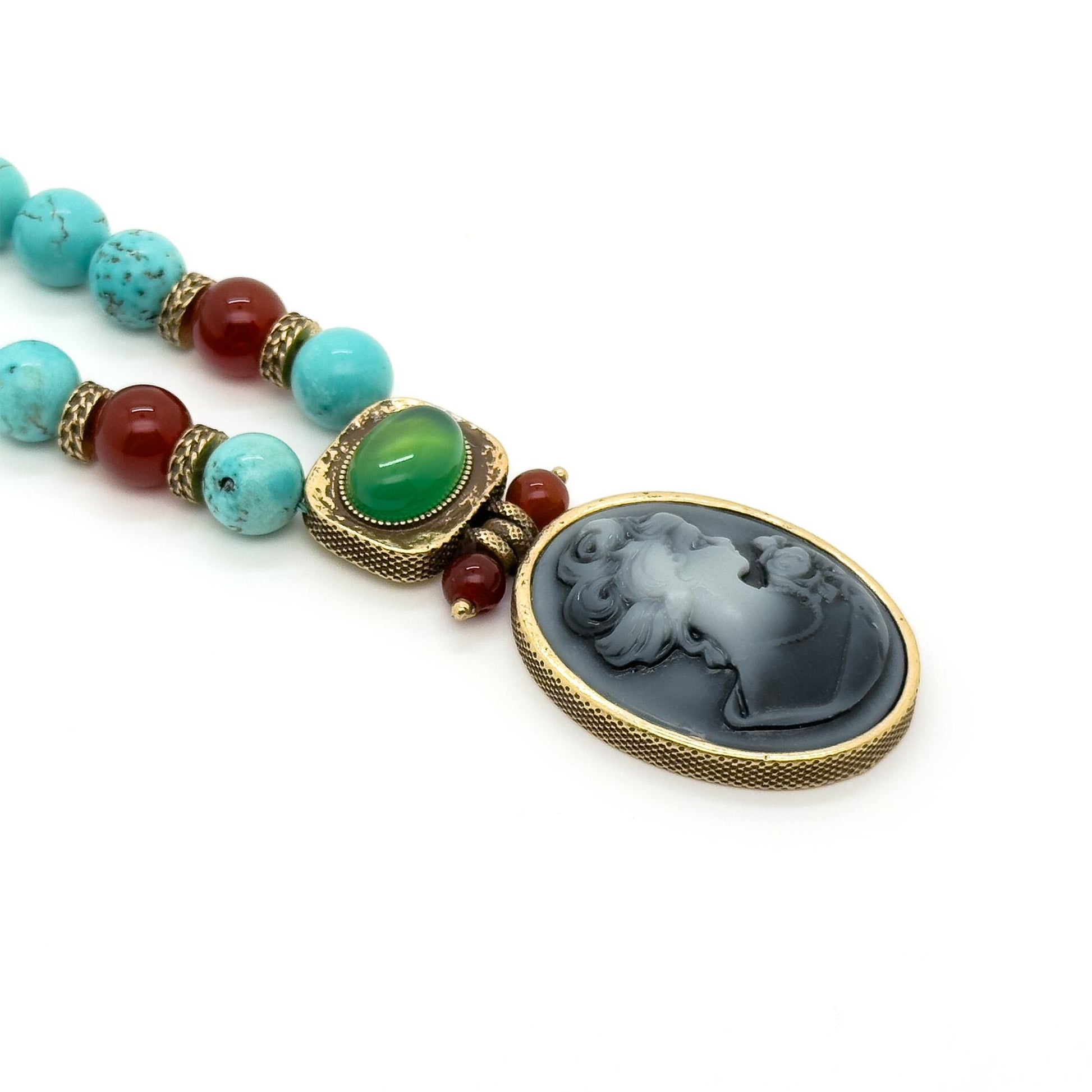 Vintage Art Deco Turquoise Portrait Pendant Necklace Handmade Copper