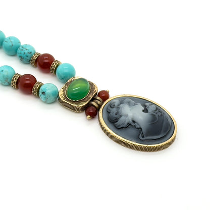 Vintage Art Deco Turquoise Portrait Pendant Necklace Handmade Copper