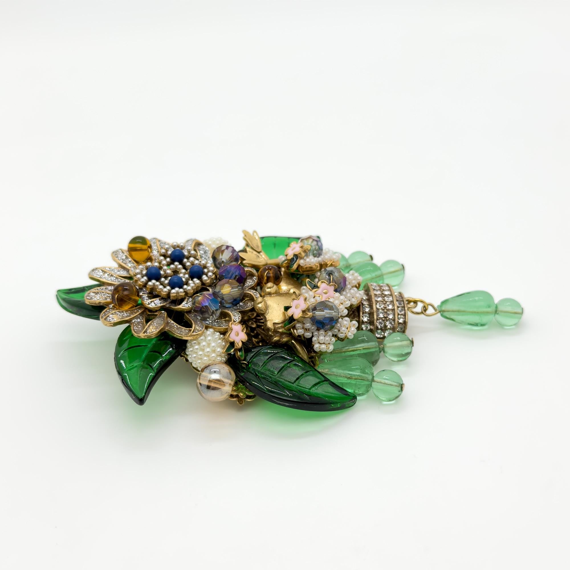 Large Art Deco Flower Brooch Beaded Rhinestone Crystal Woven Pin