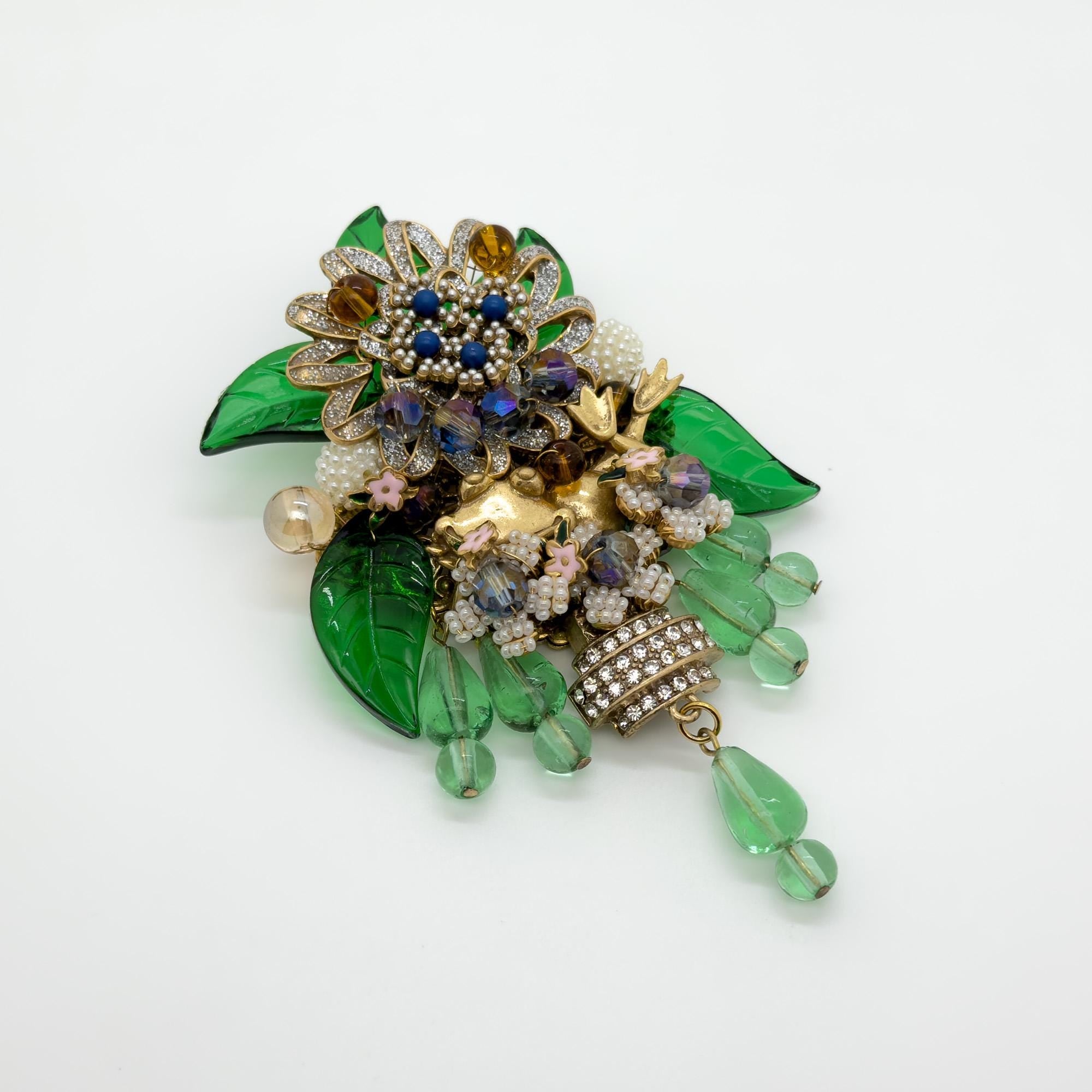 Large Art Deco Flower Brooch Beaded Rhinestone Crystal Woven Pin