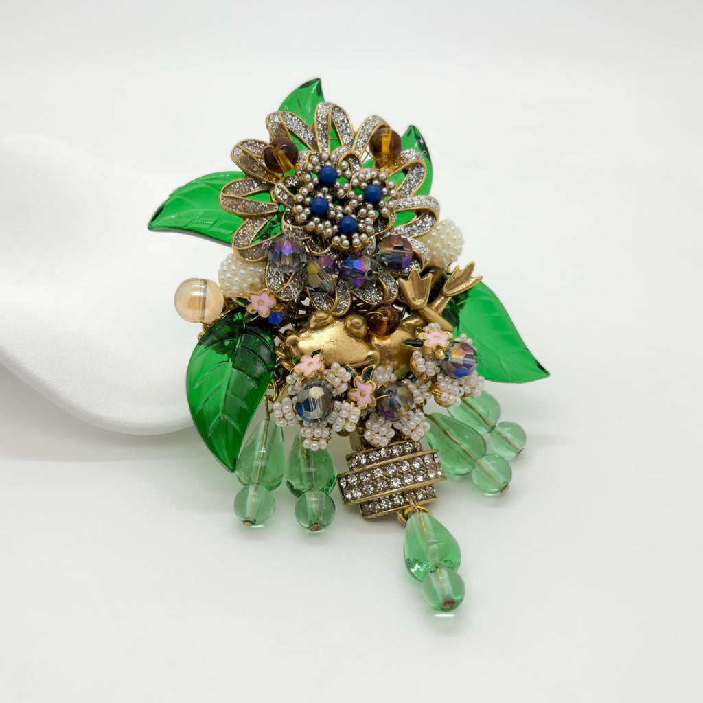 Large Art Deco Flower Brooch Beaded Rhinestone Crystal Woven Pin