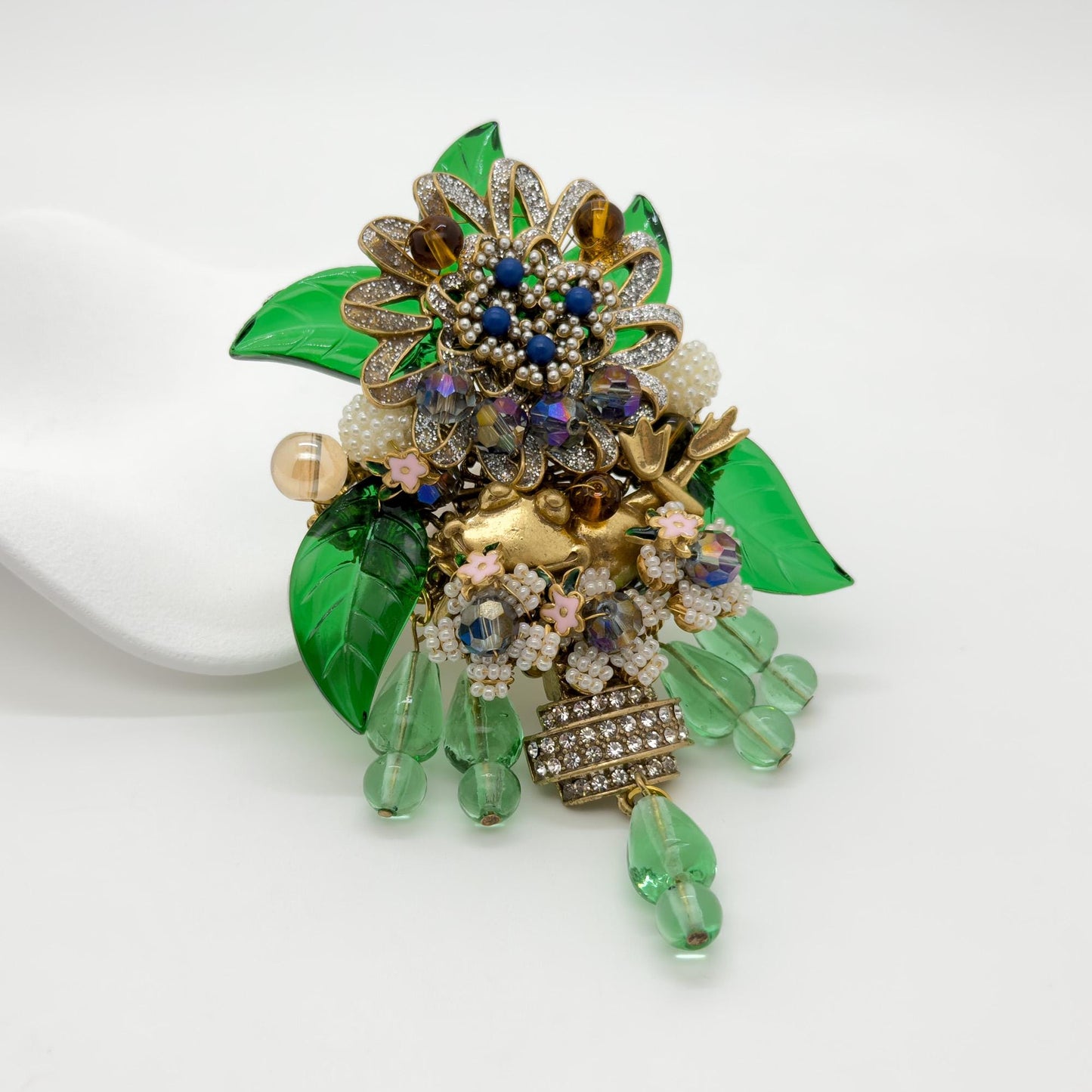 Large Art Deco Flower Brooch Beaded Rhinestone Crystal Woven Pin