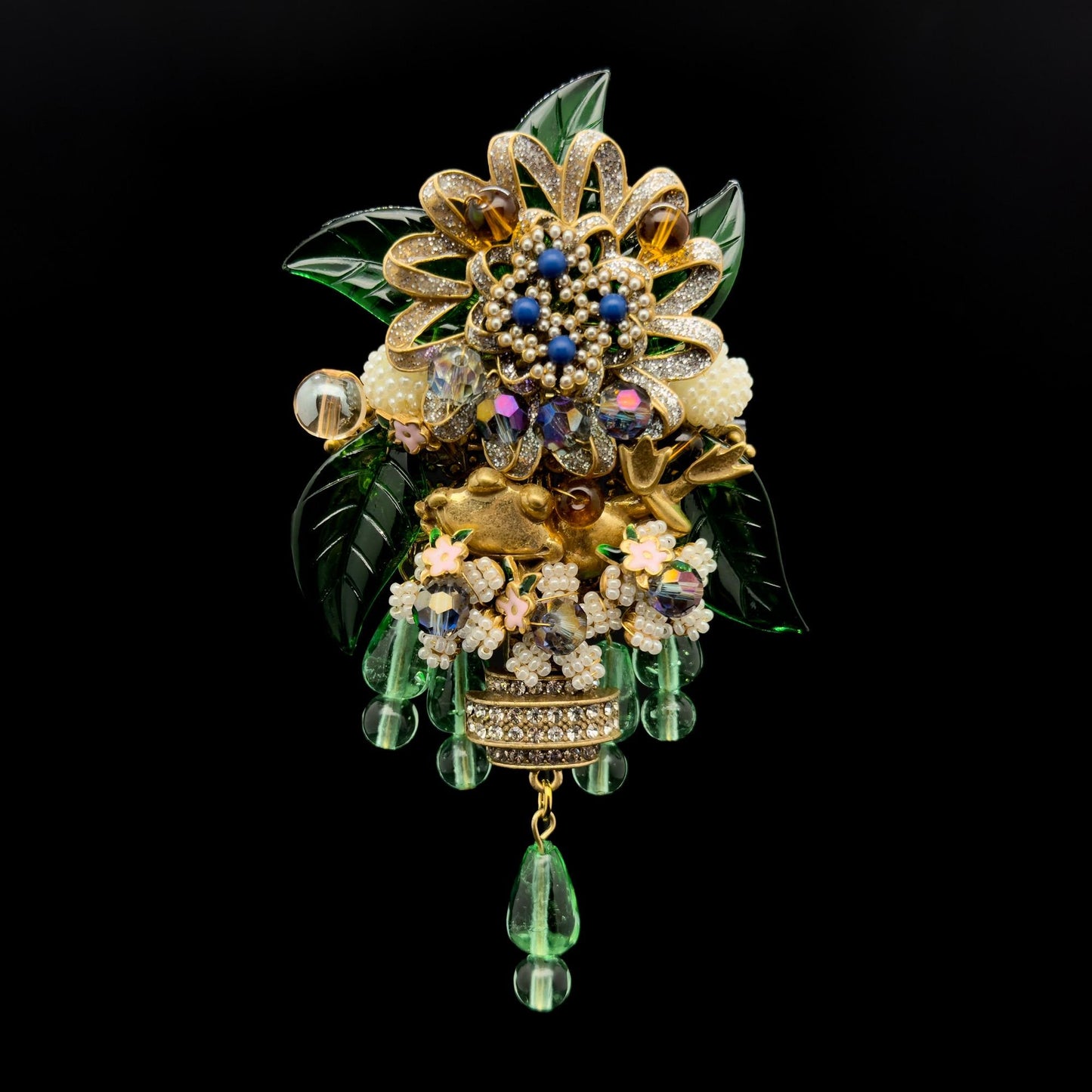 Large Art Deco Flower Brooch Beaded Rhinestone Crystal Woven Pin