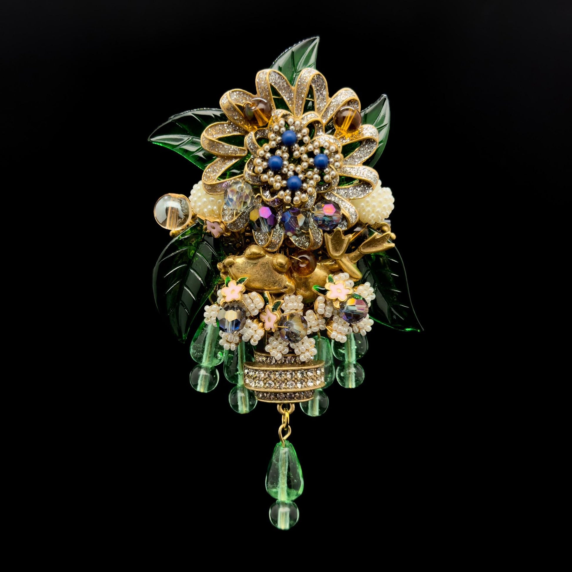 Large Art Deco Flower Brooch Beaded Rhinestone Crystal Woven Pin